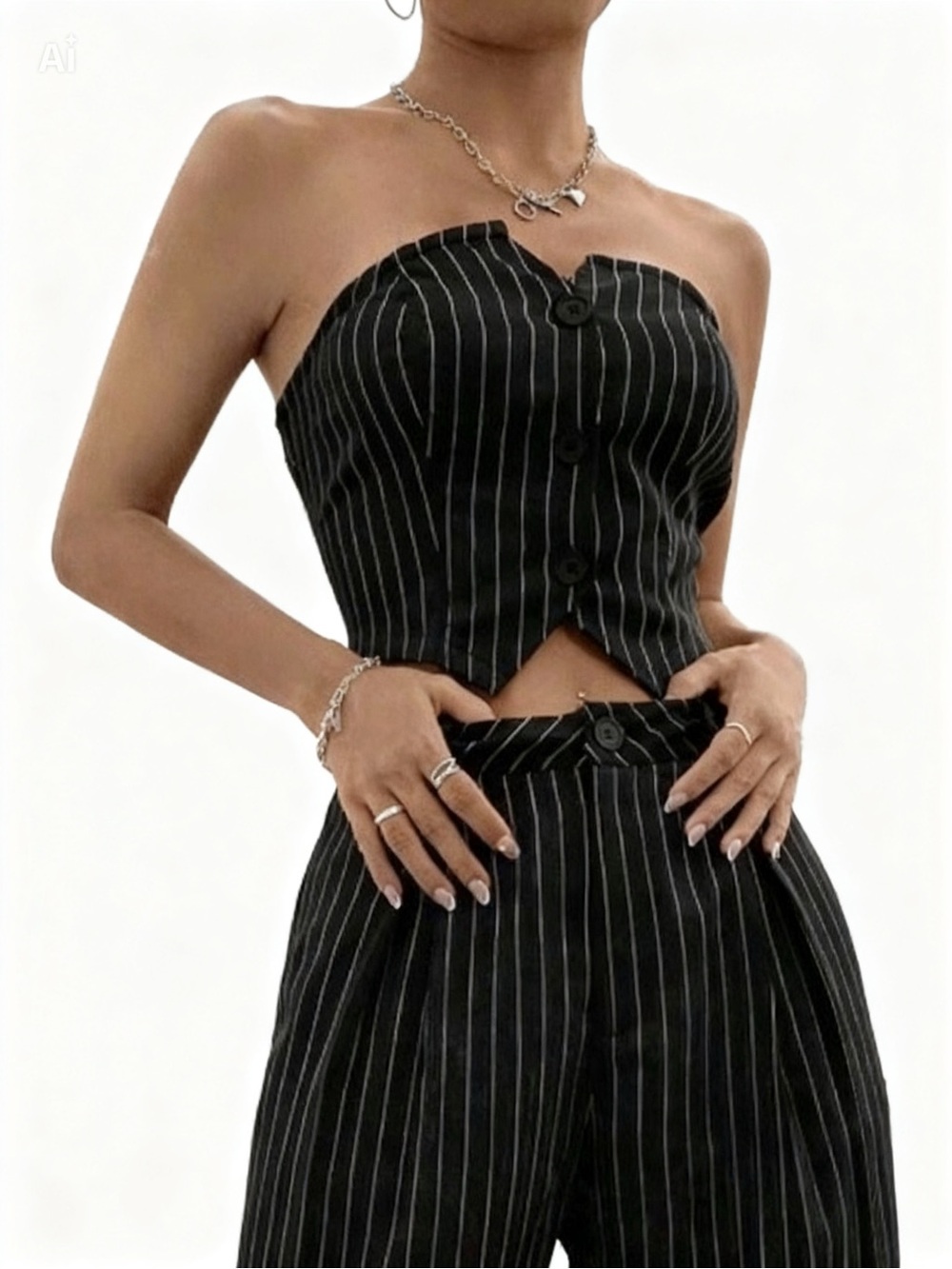 Black Pinstripe Strapless Button Front Top